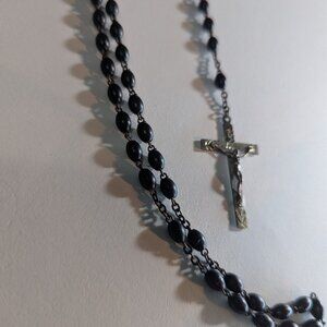 Vintage Rosary Black Beads and Sterling Links Cross and Medal made in Italy 17"